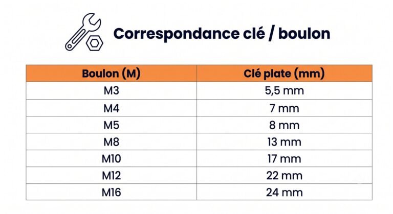 Tableau de correspondance entre taille de boulon M et taille de clé plate en mm